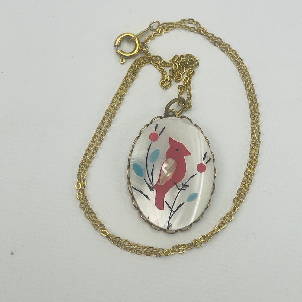 Vintage Zuni Style Mother of Pearl Inlay Cardinal Bird Gold Tone Necklace